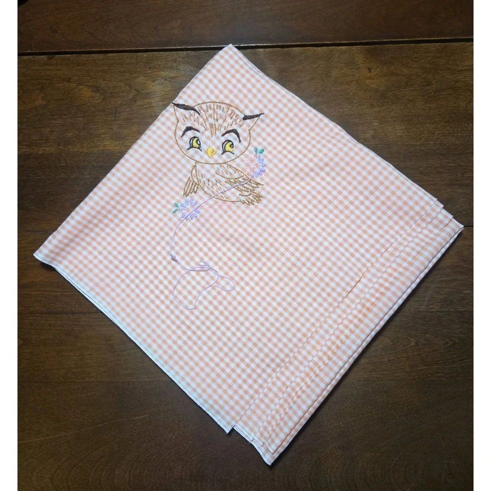 Owl Embroidered Gingham Peach Orange Table Cloth Cover 44